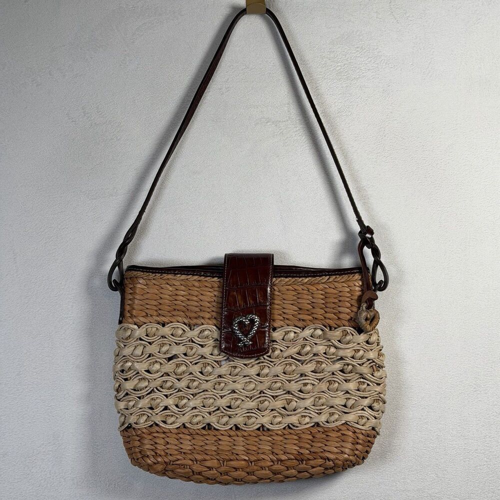 Vintage Brighton Straw Woven Shoulder Bag Brown Leather Heart Flap Boho Purse